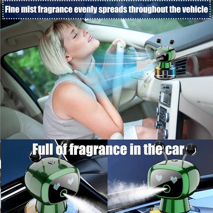 Robot Intelligent Aromatherapy Machine, Smart Cute Robot Car Air Freshener - Fine Spray/Fillable/Four-Gear Adjustment/Vibration Sensing/On-Off/Large Capacity Long-Lasting Fragrance/Green-V2(Gardenia)