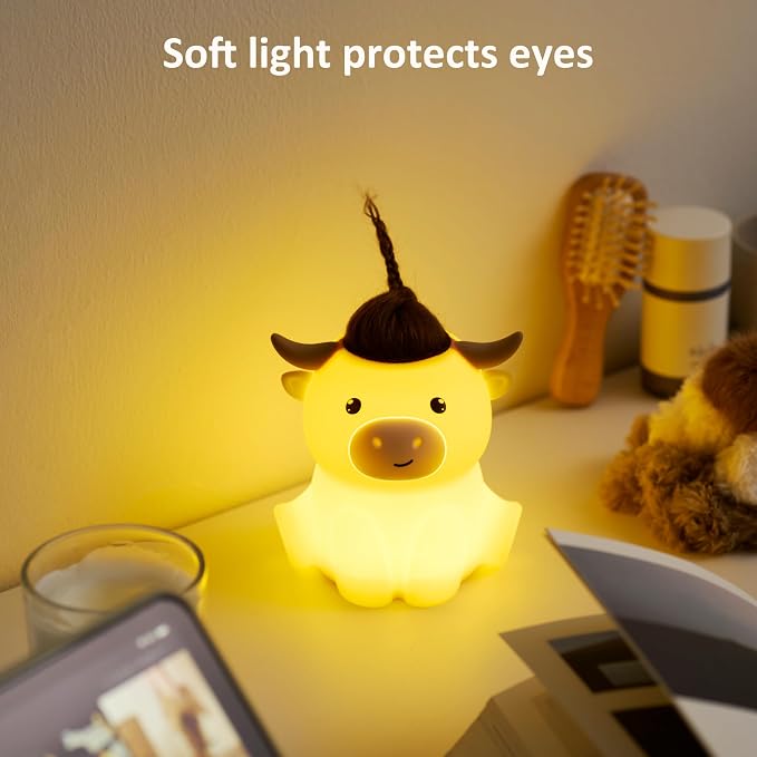 Led Cute Highland Cow Night Light, Dimmable Timer Nursery Kawaii Lamps, Super Squishy Silicone USB Rechargeable Touch Control Night Lamp, Used for Camping Party Room Decor (Highland Cow)