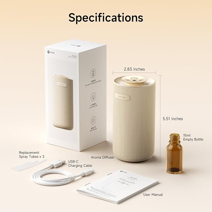 Waterless Essential Oil Diffuser for Home & Car, Cordless Portable Diffuser with Auto Start-Stop, 2-in-1 Mode & Adjustable Scent, Fits 5/10/15ml Bottles, Rechargeable Car Diffuser, Cream