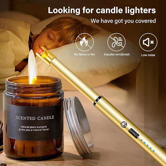 Electric Candle Lighter Windproof USB Rechargeable Flameless Long Neck Lighter for Candles Gas Stove Fireplace BBQ Kitchen Grills (Gold)