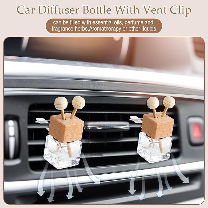 Zubebe 100 Pcs Car Diffuser Bottles Empty Bulk Vent Clip Car Air Freshener Diffuser for Essential Oil Perfume Glass Bottle with Wooden Caps Stick Fragrance Ornament (Colorless)