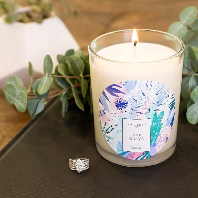 Kate Bissett Baubles Pink Guava Scented Premium Candle and Jewelry with Surprise Ring Inside | 18 oz Large Candle | Made in USA | Parrafin Free | Size 10