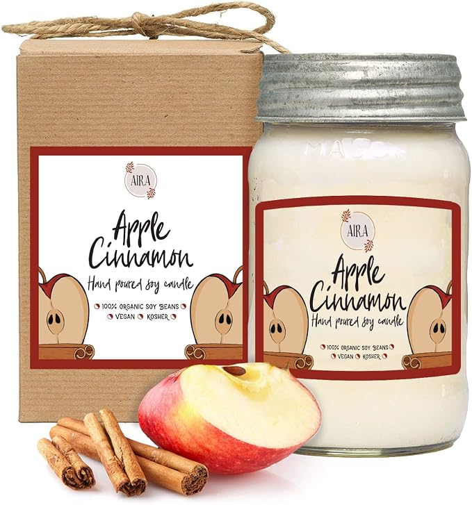 Aira Soy Candles - Organic, Kosher, Vegan, in Mason Jar w/Therapeutic Grade Essential Oil Blends - Hand-Poured 100% Soy Candle Wax - Paraffin Free, Burns 110+ Hours - Apple Cinnamon -16 Ounces
