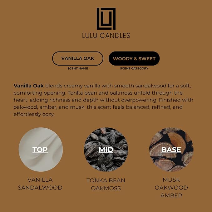 Lulu Candles | Vanilla Oak | Luxury Scented Soy Jar Candle | Hand Poured in The USA | Highly Scented & Long Lasting- 9 Oz.
