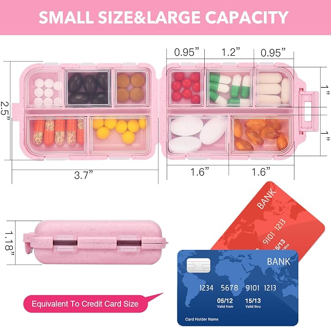 Compact Travel Pill Organizer with 189 Medicine Labels, 10 Compartments Portable Small Pill Case Daily Medicine Storage Container for Purse, Car, Airplane and Vacation Travel 3 Pack