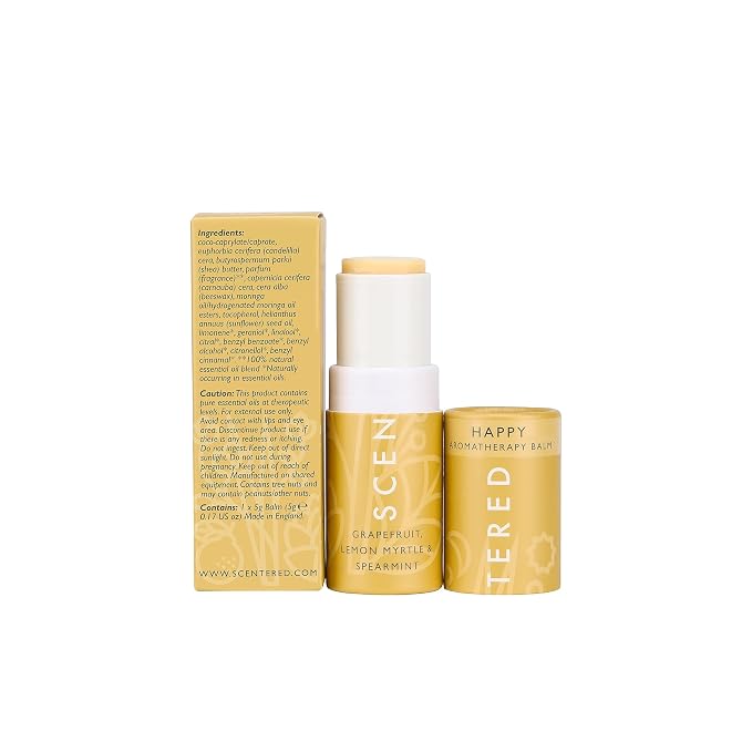 Scentered Aromatherapy Balm Stick - Happy - Mood Boost Roll On Essential Oils Blend for Positive Thinking - Grapefruit, Cedarwood, Lemon Myrtle Essential Oil - Positive Gifts for Women