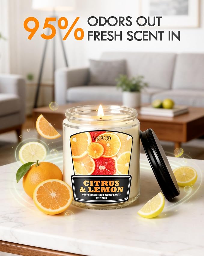 AOOVOO Citrus Lemon Odor Eliminating Candle - 9 oz Non Toxic Highly Fragranced Air Freshing Soy Candle, Eliminates 95% of Smoke, Pet, Food, and Other Smells Quickly, Up to 50 Hours Burn time