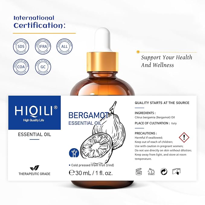 HIQILI Bergamot Essential Oil for Diffuser, Skin, Hair, DIY, 1.01 Fl Oz (30 mL)