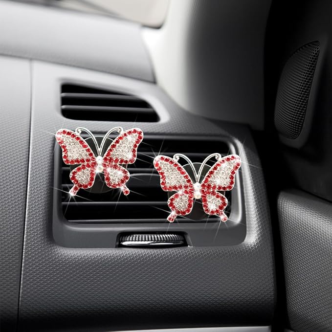 Bittwee 2PCS Bling Butterfly Car Freshener Air Vent Clips, Sparkling Crystal Rhinestone Auto Diffuser Clamps, Full Diamond Vehicle Interior Decoration Charm for Women Girls, Universal Fit（Red）