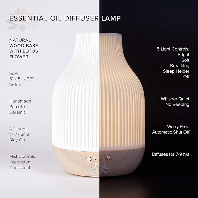 Sacred Lotus Love Ceramic Essential Oil Diffuser – Ultrasonic Aroma Diffuser with Wood Base, Ambient LED Light and Timer Settings