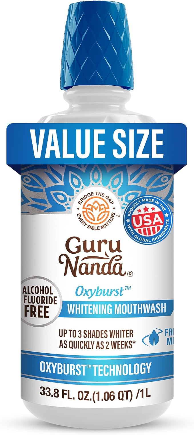 GuruNanda Whitening Mouthwash – Up to 3 Shades Whiter Teeth in 2 Weeks – Alcohol & Fluoride Free with Hydrogen Peroxide – Oxyburst Technology - Wild Mint, 33.8 oz/ 1 Liter