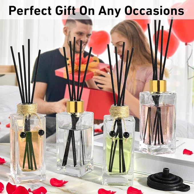 Glass Reed Diffuser Set of 4 - 5oz/155ml Clear Empty Essential Oil Diffuser Bottles with Caps and Reeds - Decorative Bottle Set - Bulk Reusable Apothecary Perfume Jar Gift
