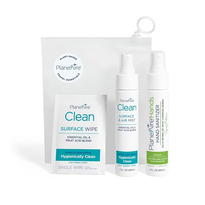 Travel Essentials | Hygiene Kit | Travel Toiletry Kit | Travel Size | Spray Hand Sanitizer Herbal Scent | Surface Wipes | Individual Travel Wipe | Surface Cleaner & Air Mist | With Essential Oils