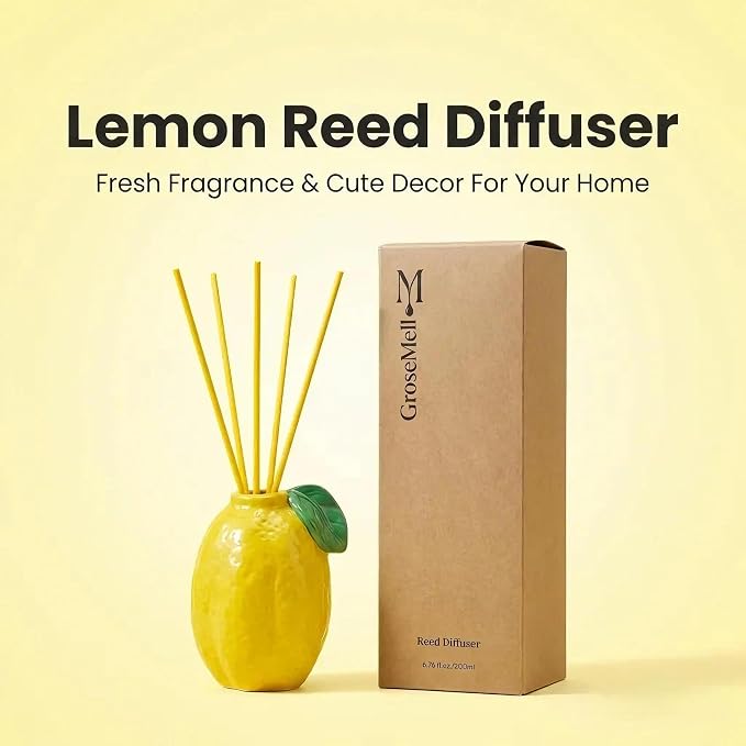 Lemon Scented Reed Diffuser Set – 6.76 fl oz (200ml) with Sticks, Creative Lemon-Shaped Ceramic Design for Home, Bedroom & Bathroom Decor, Long Lasting Aromatherapy Gift