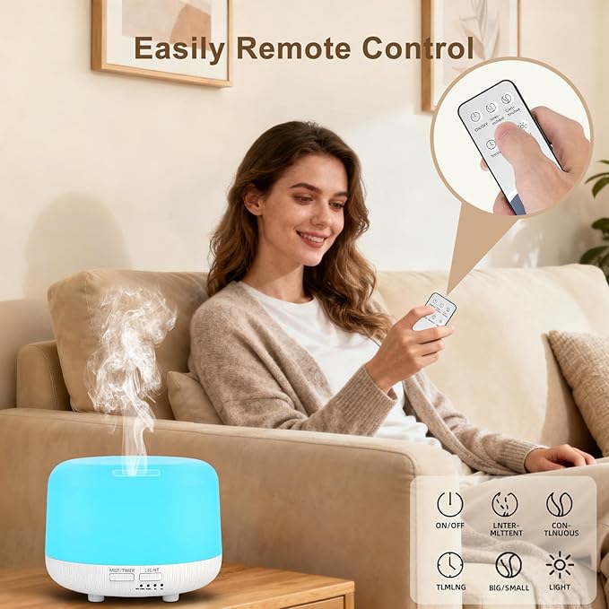 Marchred Aromatherapy Diffuser, 300ML Remote Control Essential Oil Diffusers, White Wood Grain Humidifier with 8 Colors Light 4 Timer Mode, Ultrasonic Scent Diffuser for Home, Office