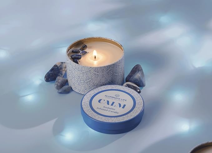 Calm Crystal-Infused Scented Candle Tin with Healing Sodalite - Scents of Chamomile, Howood, & Sage - Destress, Insight, Serenity, & Peace - Coconut Wax Blend, Luxury Gift 6 oz