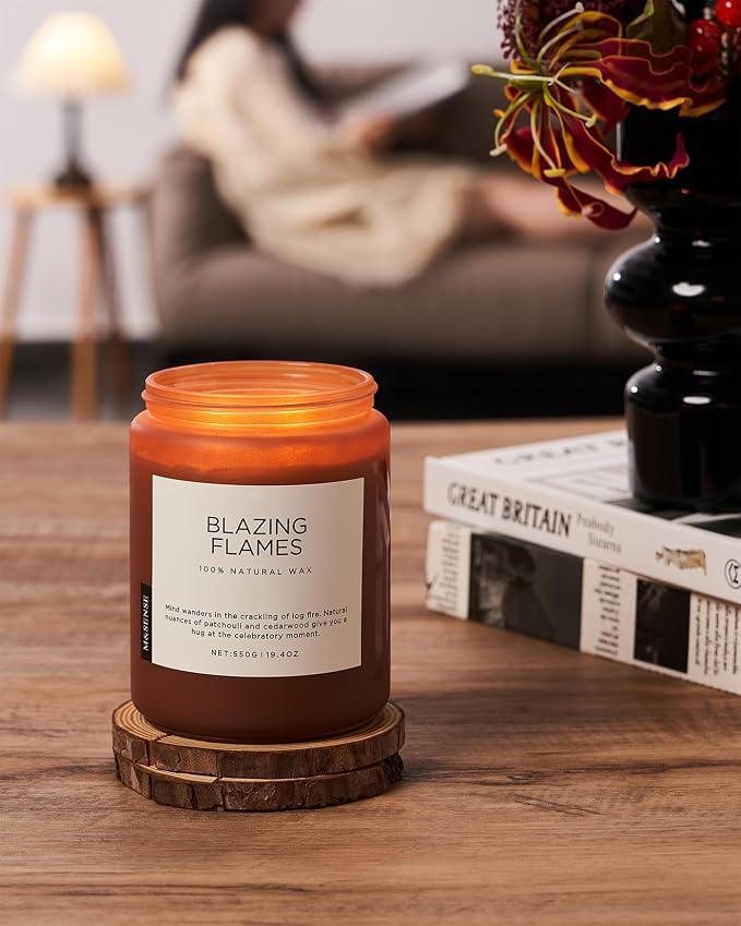 M&SENSE Blazing Flames Scented Candles, Soy Wax 19.4oz 110 Hours Long Lasting Clean Burn, Warm Woods Aromatherapy Candles for Relaxation Large Candle Birthday Holiday Gifts for Men Women
