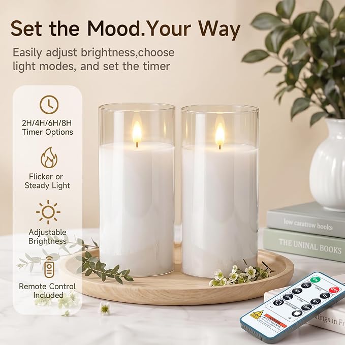 Homemory Clear Glass Flameless Candles Battery Operated LED Pillar Candles with Remote and Timer, Real Wax Flickering Candles with 3D Wick, Decorative Glass Candles Home Wedding Holiday Decor, 2 Pack