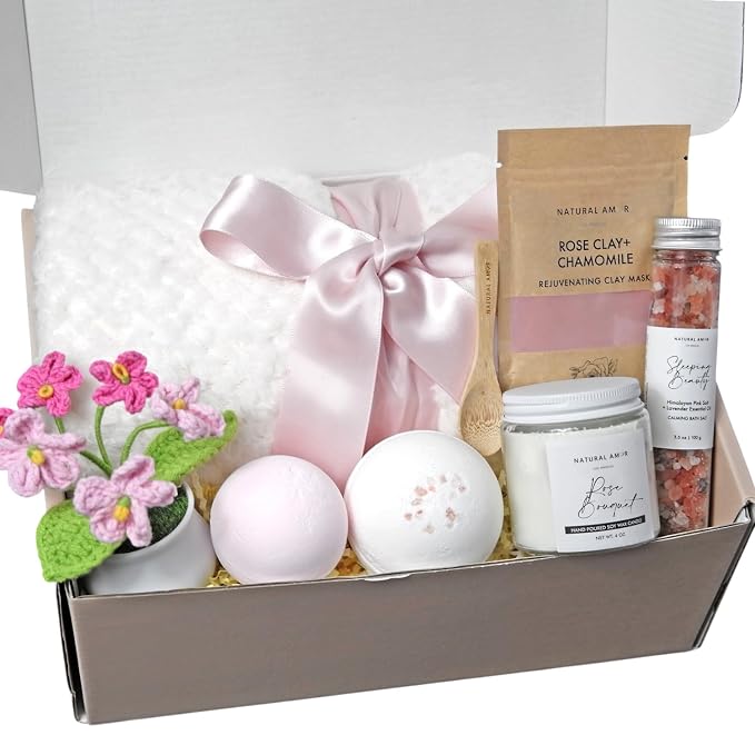 Spa Gift Basket for Women, Self Care Gift Set with Blanket, Bath Bombs, Candle – Relaxation Gift Box for Mom, Birthday, Mother's Day