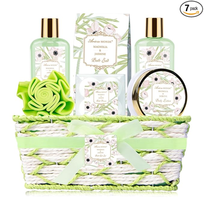 Spa Gifts for Women, Bath Sets, 7Pcs Spa Gift Set w/Shower Gel, Bubble Bath, Bath Salts, Bath Bomb, Body Lotion, Christmas Gifts for Women, Magnolia & Jasmine Bath Set