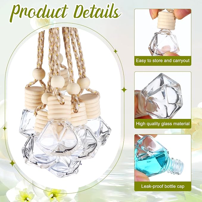 60 Pcs Hanging Car Air Freshener Car Diffuser Bottle Empty Glass Perfume Bottles Air Freshener Diffuser Bottle Pendant for Essential Oils Fragrance Aromatherapy Ornament Decor (Classic Style)
