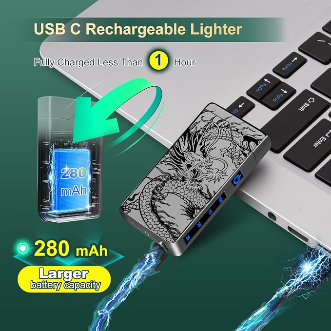 LcFun Electric Lighter - USB Rechargeable, Dual Arc Plasma Lighter, Windproof Flameless Lighters, Electronic Lighters with LED Battery Indication Gifts for Men Boyfriend Husband (Dragon Black)