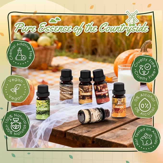 Farmhouse Essential Oils Set for Diffusers for Home, Soap & Candle Making Scents, Roasted Chestnuts,Buttery Toffee, Garden Herbs, Cozy Linen, Maple Syrup, Weathered Wood, 6x10ml
