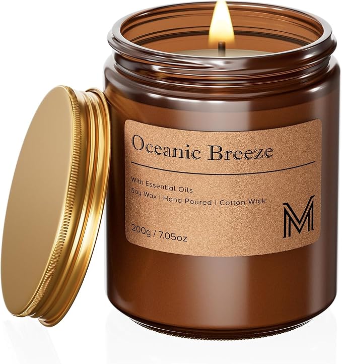 M&SENSE Oceanic Breeze Scented Small Candle, 7.5Oz Aromatherapy Candle for Home Fragrance, Soy Wax Candles Gift for Birthday, Housewarming, Amber Jar Candle for Stress Relief, Meditation, Yoga