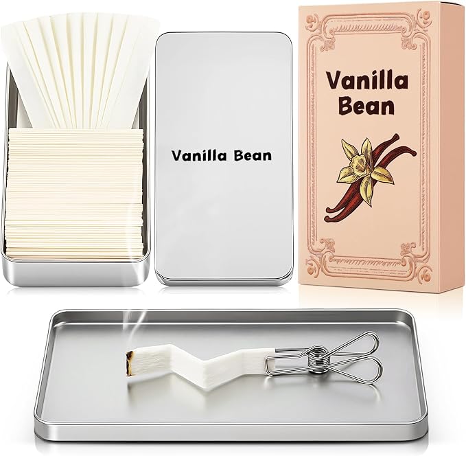 Eaasty Paper Incense Kits - 80 Pcs Burning Paper Incense with Tin Case and Clips - Quick Usage - Eliminating Bathroom, Kitchen Odors - Aromatherapy Gifts for Women(Vanilla Bean)
