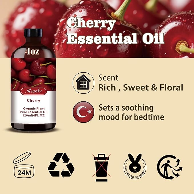 Cherry Essential Oil, Cherry Oil for Diffuser, Humidifier, DIY Candle, Soap, Sweet Scent, Home, Office, Gift Ready,Cherry Fragrance Oil - MLYNKL Essential Oils (4.33 fl oz / 130ml)