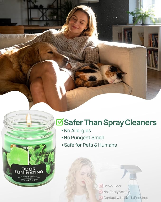TRINIDa Lemon & Tea Tree Odor Eliminating Candles for Home Scented, Eliminates 99% of Pet, Smoke, Food and Other Smells Quickly, Highly Fragranced Candle, Premium Soy Candles Set for Women