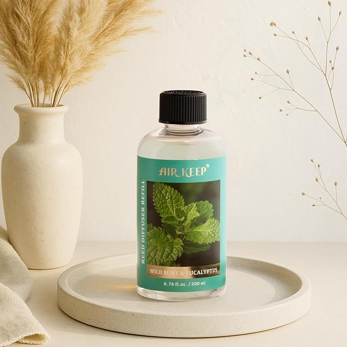 Airkeep Reed Diffuser Oil Refill with Diffuser Sticks, 6.76 Fl Oz(200ml) Wild Mint&Eucalyptus Scented Oils, Aroma Therapy, Home Fragrance & Air Freshener, Office Décor, Decoration