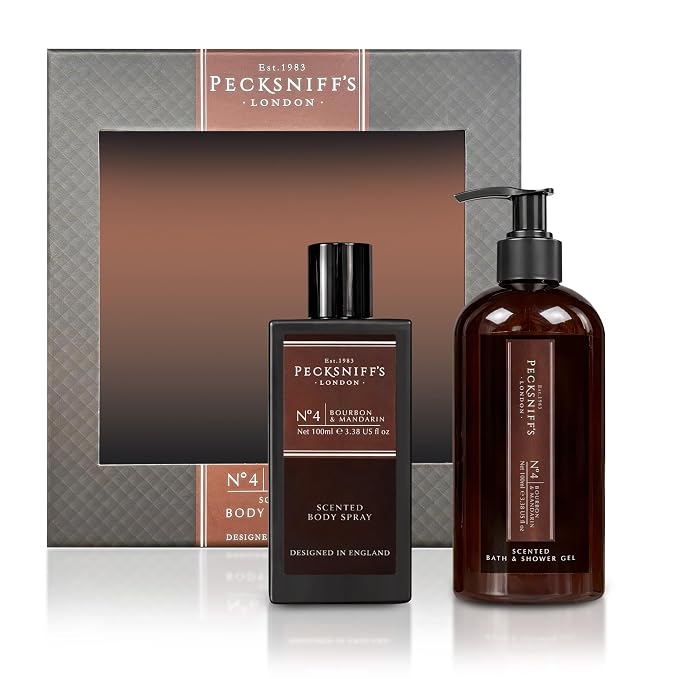 Pecksniff’s Men’s Body Duo Set – Bourbon & Mandarin Scented Bath & Shower Gel 250ml & Body Spray 100ml – Luxury Grooming Gift Set for Him