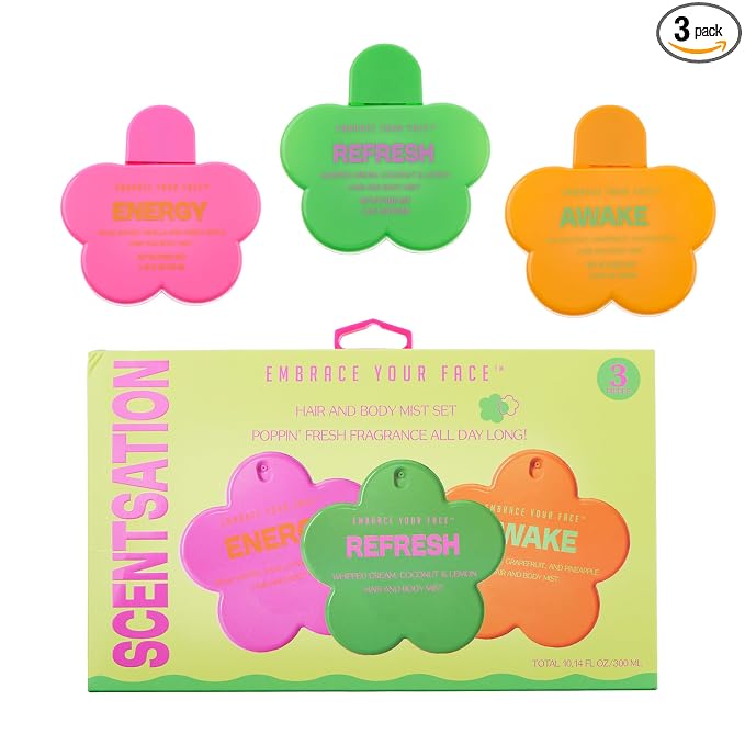 EXPRESSIONS 3pc Hair and Body Mist Set – Scentsation Refreshing Fragrance Spray Kit for Teens & Women – Energy, Awake, & Refresh Scents – Long-Lasting Flower-Shaped Body Sprays – 10.14 Fl Oz Total