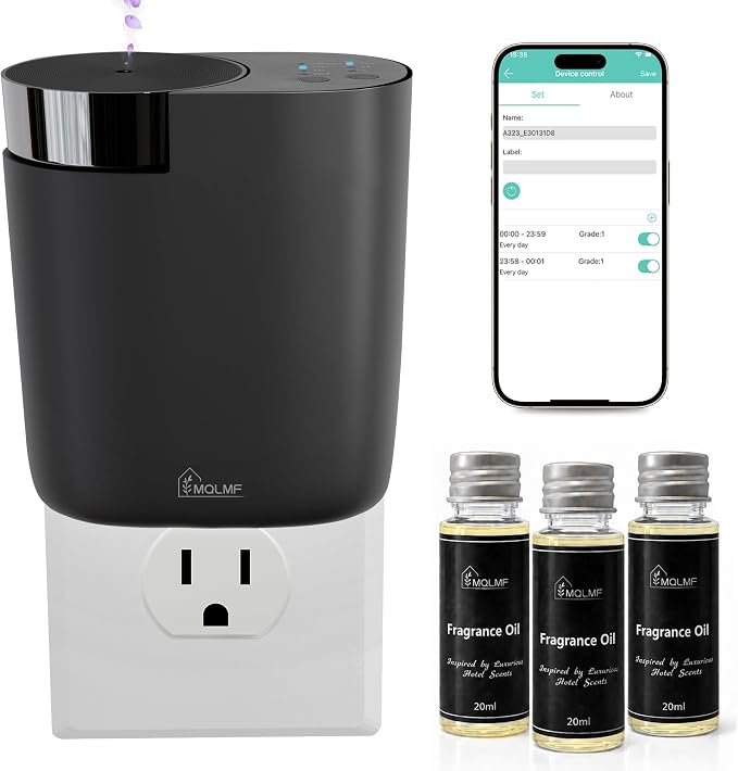 Waterless Plug in Diffuser, 800 Sq Ft, No Wobble Secure Wall Fit, Adjustable Timer & Scent Intensity,App Control,Essential Oil Plug in Wall Diffuser, Includes 3 x 20ml Fragrance Oils, Black