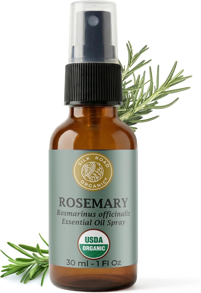 Silk Road Organic Rosemary Essential Oil & Jojoba Spray for Hair Growth & Health, Memory & Focus | USDA Certified 1 oz. Body Spray - Always Pure, Always Organic