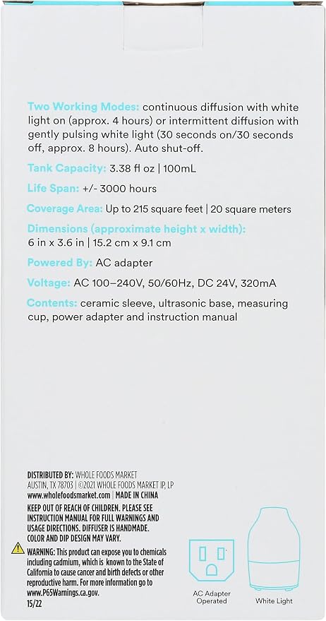 365 by Whole Foods Market, Ultrasonic Essential Oil Diffuser, Sedona, Covers up to 215 Sq Ft