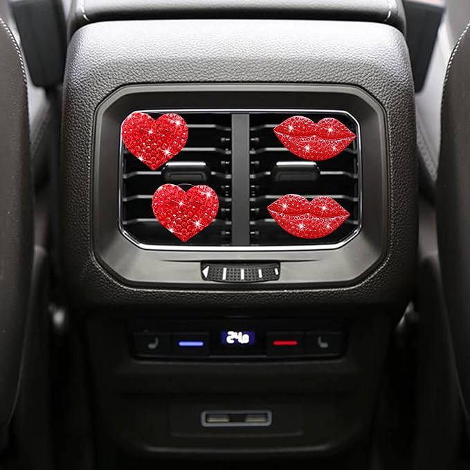 Bling 5 Pcs Red Lips Air Vent Clips, Heart Shape Crystal Car Decor - Women Rhinestone Diffuser Vent Clip Cute Car Accessories (Red lips)