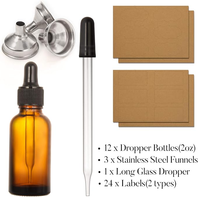 AOZITA 12 Pack, 2 oz Glass Dropper Bottle with 3 Stainless Steel Funnels & 1 Long Glass Dropper - 60ml Amber Tincture Bottles with Eye Droppers for Essential Oils, Liquids - Leakproof Travel Bottle