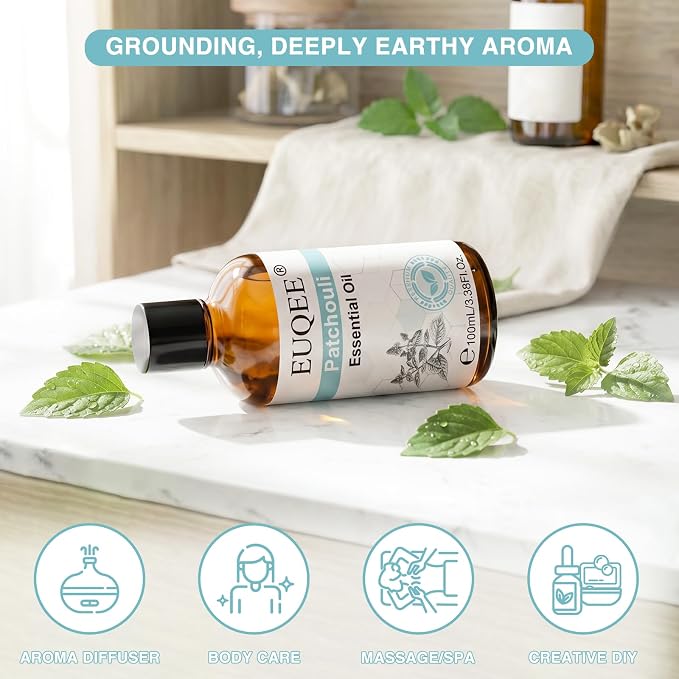 EUQEE 100ml Patchouli Essential Oil, Pure Patchouli Essential Oil for Diffuser, Massage, DIY Soap,Candle Making, Skin & Hair Care - 3.38 Fl Oz