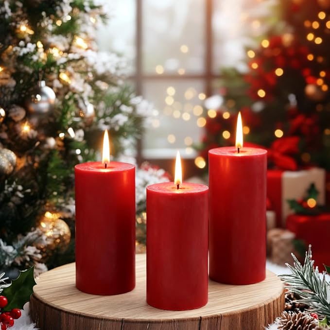 2.8x6 Inch Soy Pillar Candles 270 Hours Long Burning Natural Soy Wax Emergency Candles Smokeless Red Pillar Candles Dripless Handmade Pillar Candle for Wedding Table Home, 3 Pack