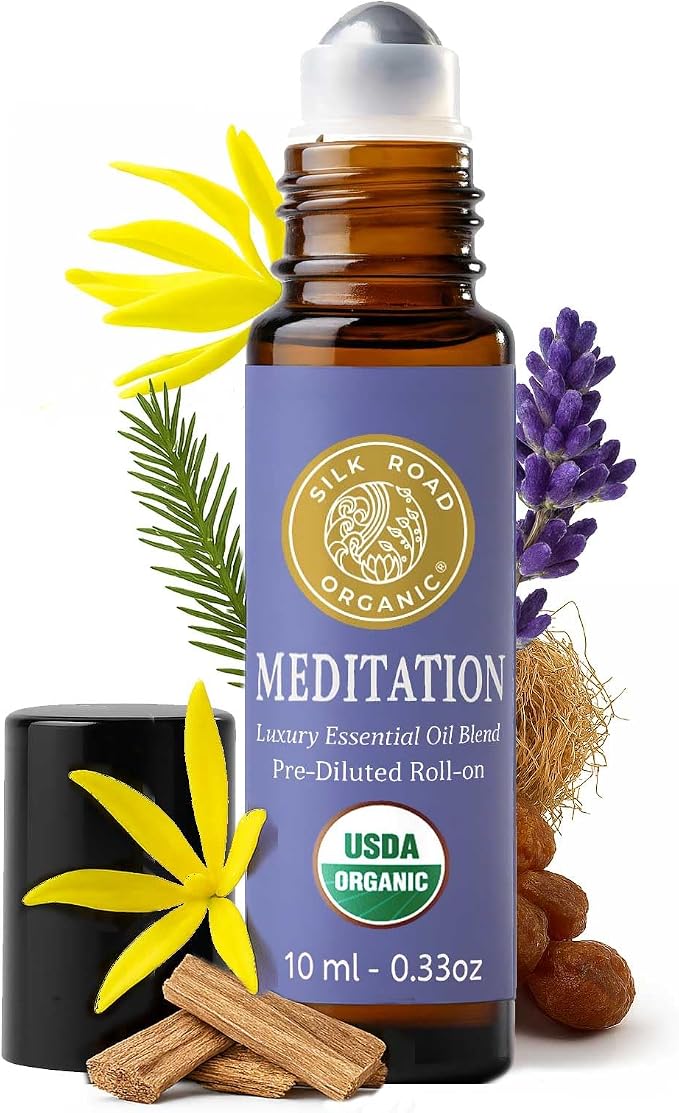 Silk Road Organic Meditation Essential Oil Balancing Blend Roll On,100% Pure USDA Certified Aromatherapy for Chakra Healing, Focus, Calming, Mindfulness & Spiritual Well-Being - 10ml Roller