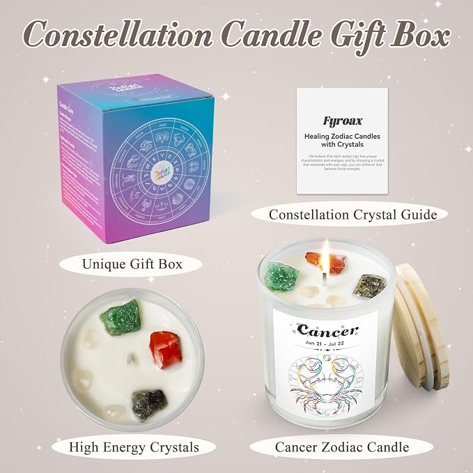 Cancer Gifts for Women, Zodiac Cancer Candle with Healing Crystals, Astrology Birthday Gifts for Women, Mom, Sister, Friends, Meditation, Yoga, Relaxation (7oz)