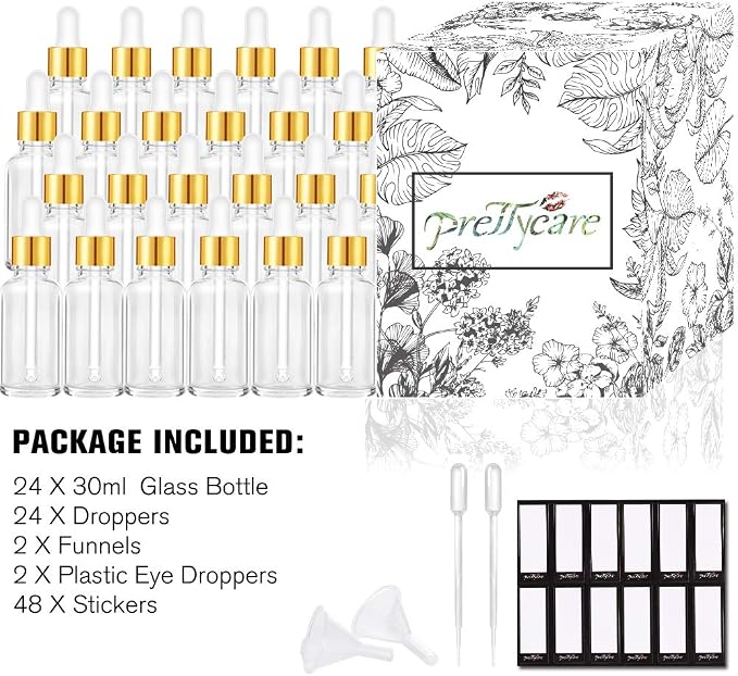 PrettyCare Glass Eye Dropper Bottles 24 Pack, 1oz (30ml) Clear Empty Thick Bottles Bulk with Leakproof Golden Caps - With Labels & Funnels for Storage, Travel, Essential Oils, Cuticle Oils, Tinctures