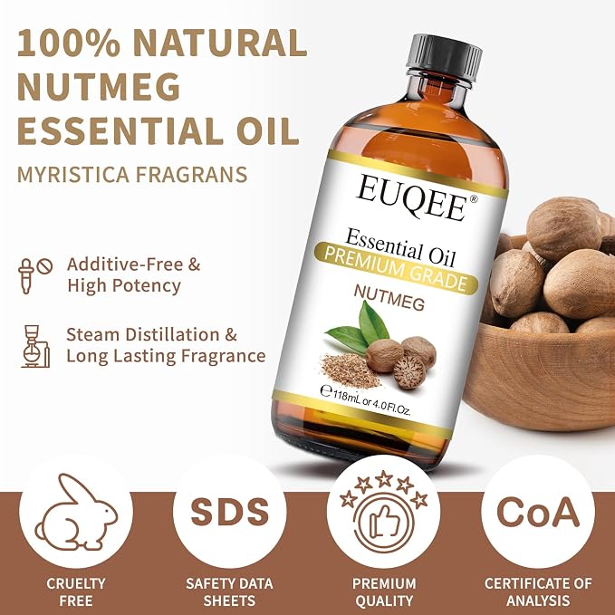EUQEE Nutmeg Essential Oil 118ML Large Capacity Nutmeg Oil Premium Aromatherapy Essential Oils with Glass Dropper for Candle Making, Soap Making-4oz