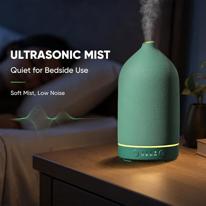 Gooamp 200ML Ceramic Essential Oil Diffuser - Ultrasonic Aromatherapy & Humidifier with 7-Color LED Lights, Auto Shut-Off, Green, 1H/3H/6H Timer | Scent for Home, Office, Yoga