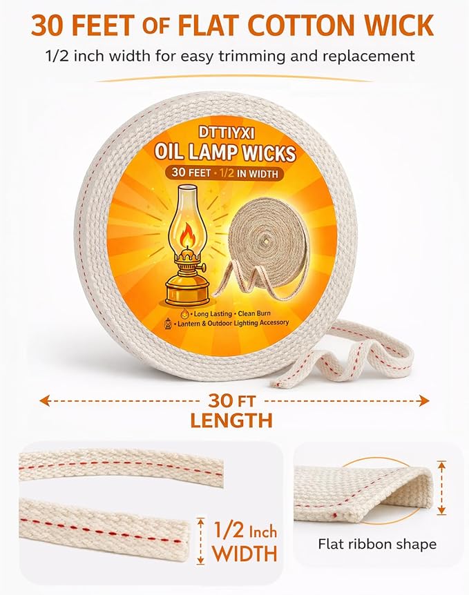 Oil Lamp Wicks, 1/2 Inch x 30 Ft, Flat Cotton Lantern Wick for Oil Lamps