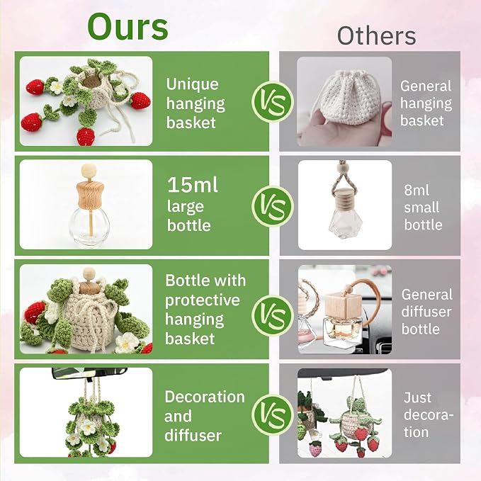Crochet Car Air Freshener, 15ml Empty Refillable Oil Diffuser Bottle with Hanging Crochet Strawberry Plant for Car Rearview Mirror Air Freshener Diffuser for Home, and Office Decor