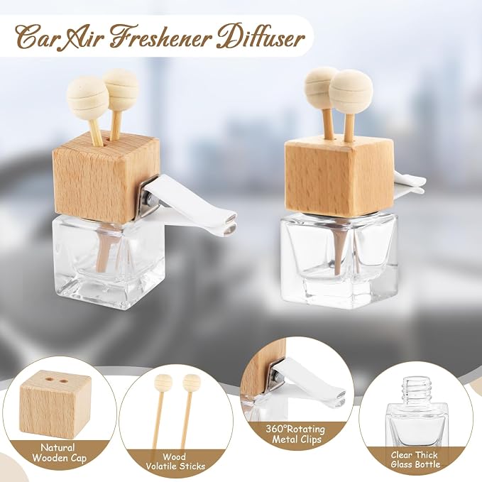 50 Pack,8ml Clear Glass Car Air Freshener Perfume Clip Diffuser,Empty Essential Oil Perfume Vials Diffuser Vent Outlet,Thick Auto Glass Ornament with Wooden Caps,Stick for Car Scent Fragrance