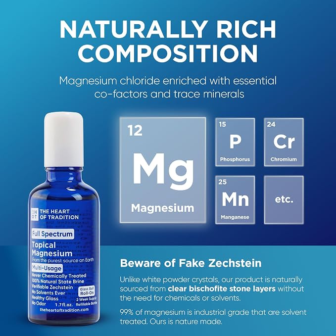 Full Spectrum Transdermal Magnesium Oil Roll On (Topical) with Glass Ball Roll-On, 1.7oz Zechstein Magnesium Oil for Feet, Sore Muscles, Leg Cramp Fix & Running Recovery, Refillable